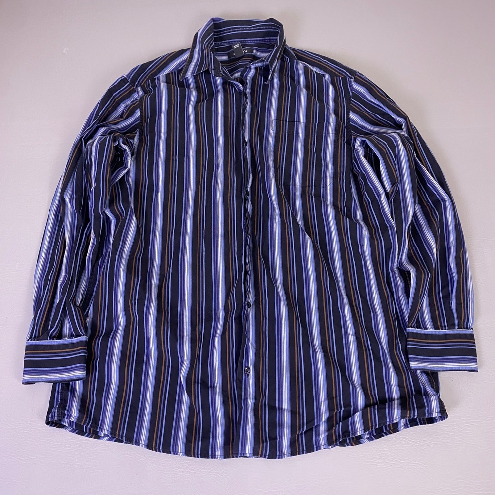 Claiborne Button‎ Up Shirt Men's XLT Long Sleeve Striped Shirt Blue Navy Brown